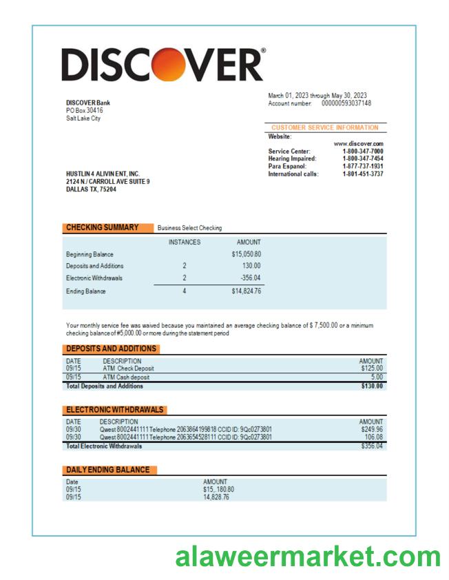 Discover  Bank business statement Word and PDF template